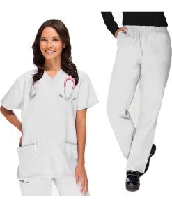 Clearance Basics By Allheart Women's V-Neck Scrub Top & Elastic Waist Scrub Pant Set