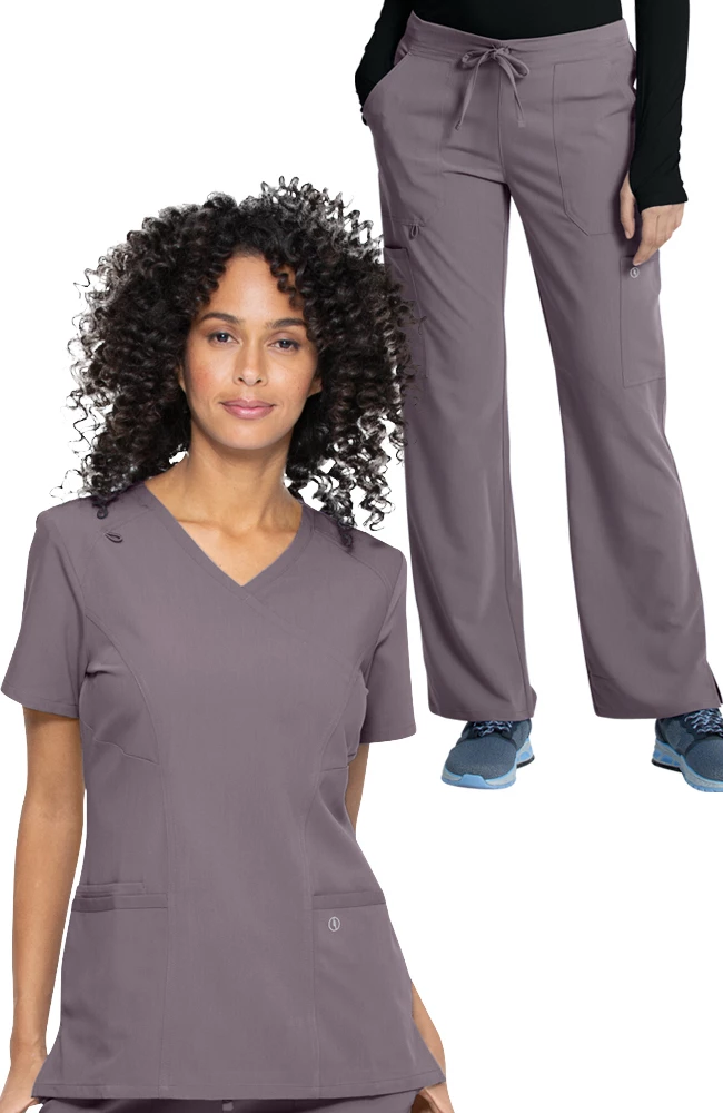 AllHeart Clearance Women's Mock Wrap Solid Scrub Top & Cargo Scrub Pant Set