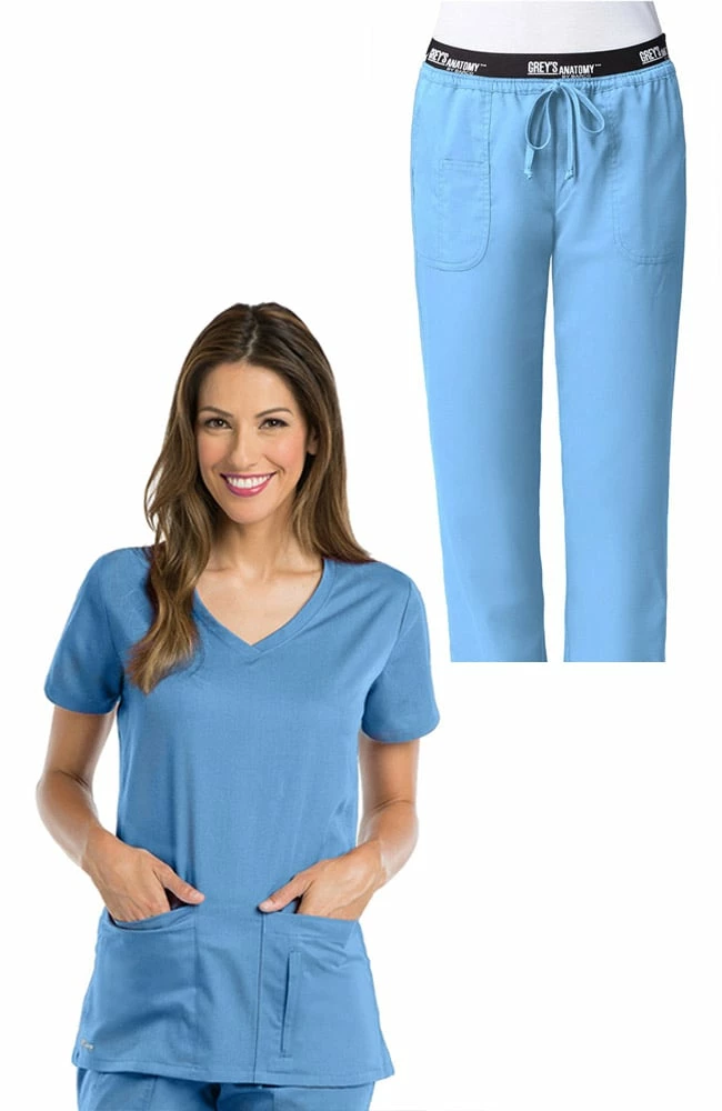 Grey's Anatomy Women's V-Neck Solid Scrub Top & Logo Elastic Waist Drawstring Scrub Pant Set