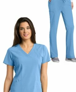 Barco One Women's Racer Solid Scrub Top & Flare Leg Knit Waist Cargo Scrub Pant Set
