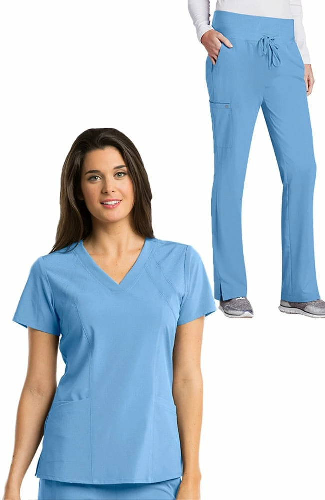 Barco One Women's Racer Solid Scrub Top & Flare Leg Knit Waist Cargo Scrub Pant Set