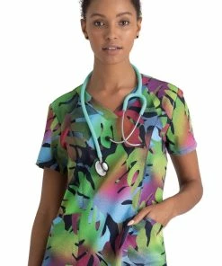 Barco One Clearance Women's V-Neck Tropical Breeze Print Scrub Top