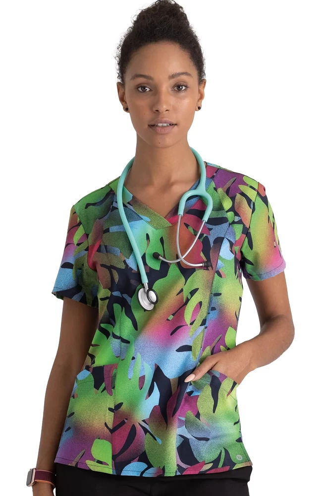 Barco One Clearance Women's V-Neck Tropical Breeze Print Scrub Top