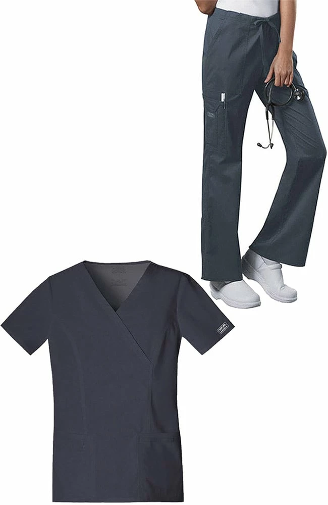 Cherokee Workwear Women's Mock Wrap Solid Scrub Top & Drawstring Scrub Pant