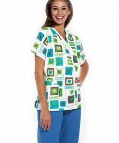 Cherokee Clearance Women's Discount V-Neck 2-Pocket Tunic Style Heart Print Scrub Top