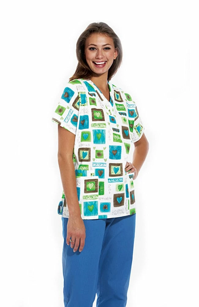 Cherokee Clearance Women's Discount V-Neck 2-Pocket Tunic Style Heart Print Scrub Top