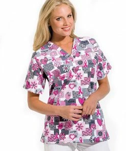 Cherokee Clearance Women's Discount V-Neck 2-Pocket Tunic Style Breast Cancer Awareness Print Scrub Top