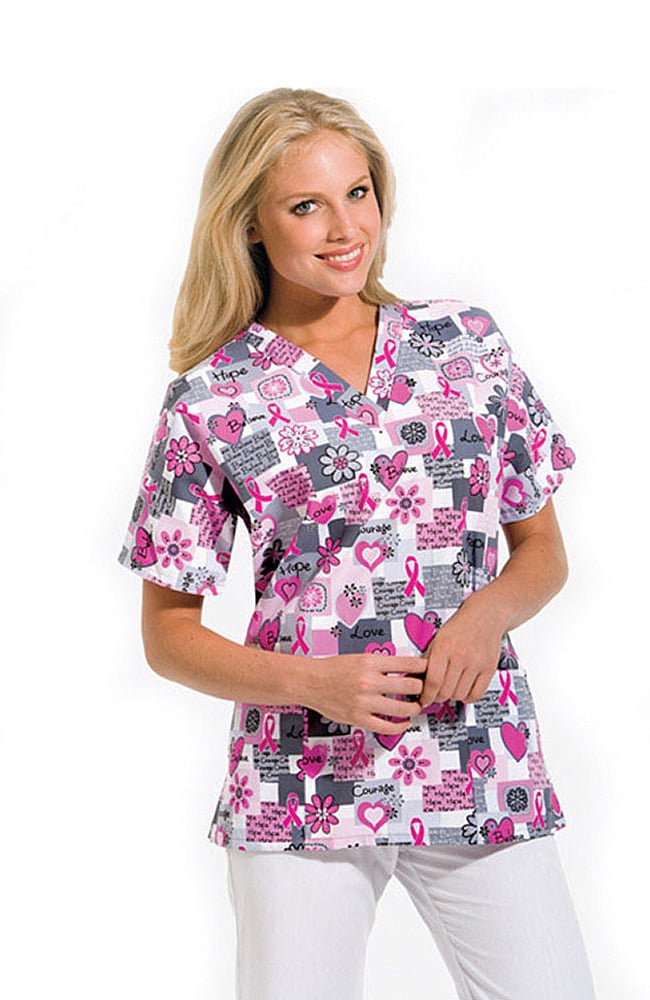 Cherokee Clearance Women's Discount V-Neck 2-Pocket Tunic Style Breast Cancer Awareness Print Scrub Top 3 Cherokee Clearance Women's Discount V-Neck 2-Pocket Tunic Style Breast Cancer Awareness Print Scrub Top
