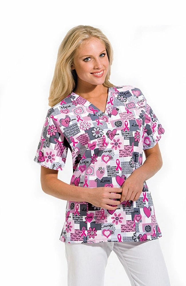 Cherokee Clearance Women's Discount V-Neck 2-Pocket Tunic Style Breast Cancer Awareness Print Scrub Top