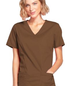 Cherokee Workwear Clearance Women's Mock Wrap Princess Seam Solid Scrub Top