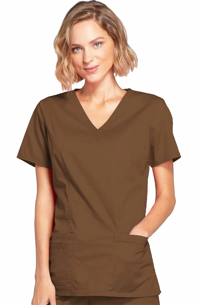 Cherokee Workwear Clearance Women's Mock Wrap Princess Seam Solid Scrub Top