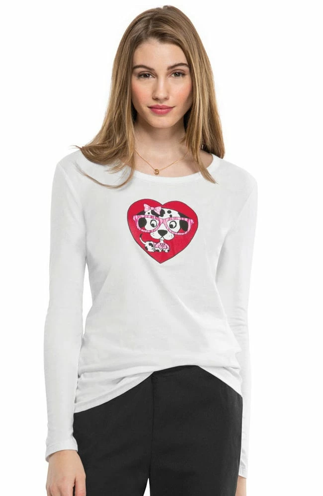 Cherokee Workwear Clearance Women's White Long Sleeve Dog Print Underscrub