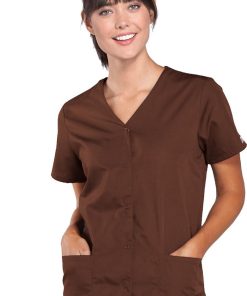 Cherokee Workwear Clearance Women's Snap Front 2-Pocket Solid Scrub Top