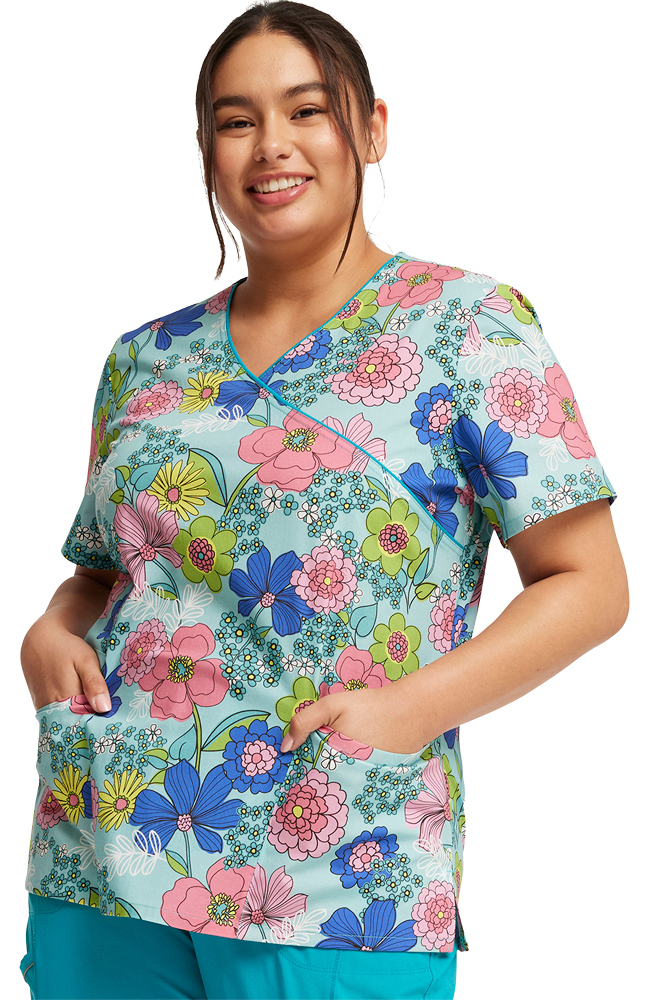Women's Mock Wrap Retro Buds Print Scrub Top Cherokee Women's Mock Wrap Retro Buds Print Scrub Top -Silverts-shop 1 ck ck614 printrtb 650