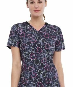 Cherokee Clearance Women's Marbled Hearts Print Scrub Top
