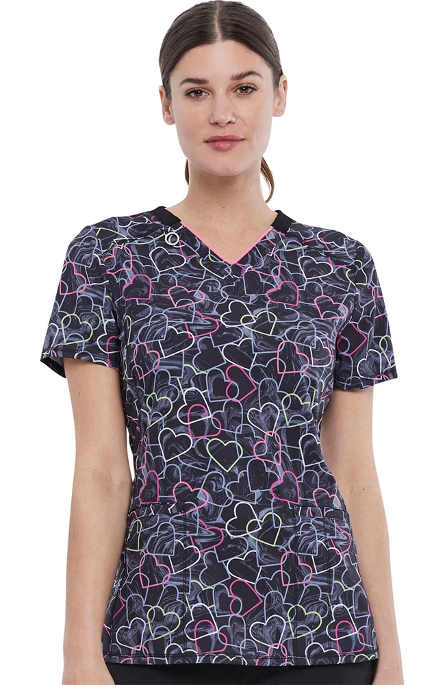 Cherokee Clearance Women's Marbled Hearts Print Scrub Top