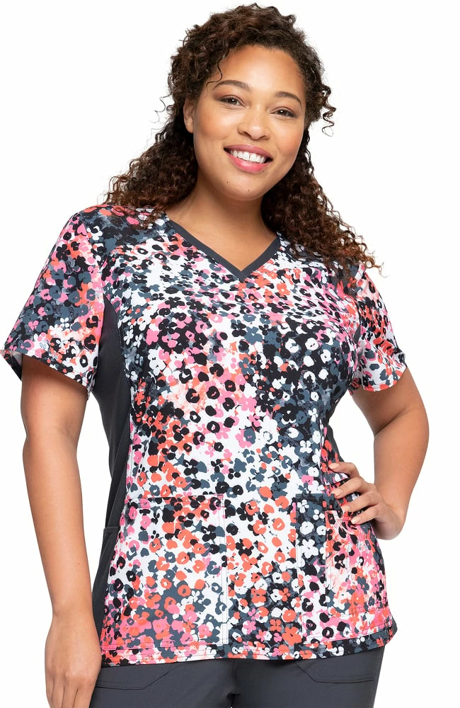 Cherokee Clearance Women's Knit Panel Blooming Cheetah Print Scrub Top