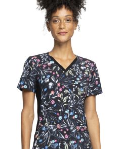 Cherokee Clearance Women's Knit Panel Breezy Buds Print Scrub Top