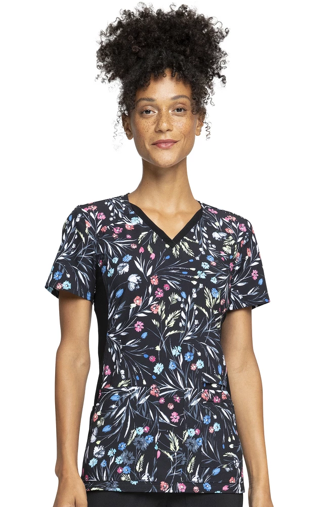 Cherokee Clearance Women's Knit Panel Breezy Buds Print Scrub Top