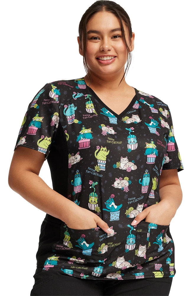 Cherokee Women's Knit Panel Feline Fan-cactus Print Scrub Top