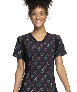Cherokee Clearance Women's Knit Panel Hearts On The Line Print Scrub Top