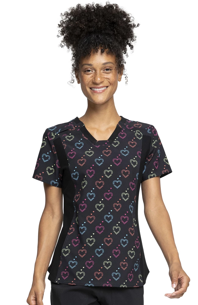Cherokee Clearance Women's Knit Panel Hearts On The Line Print Scrub Top