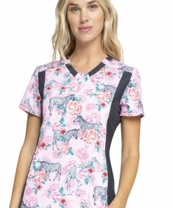 Cherokee Clearance Women's Knit Panel Soft Safari Print Scrub Top