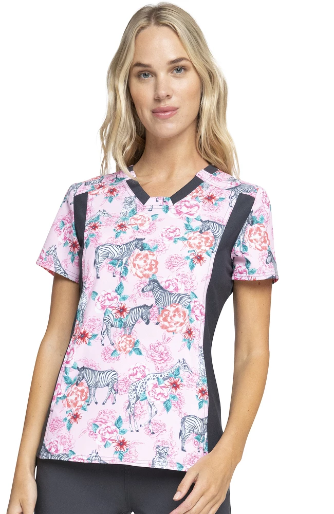 Cherokee Clearance Women's Knit Panel Soft Safari Print Scrub Top