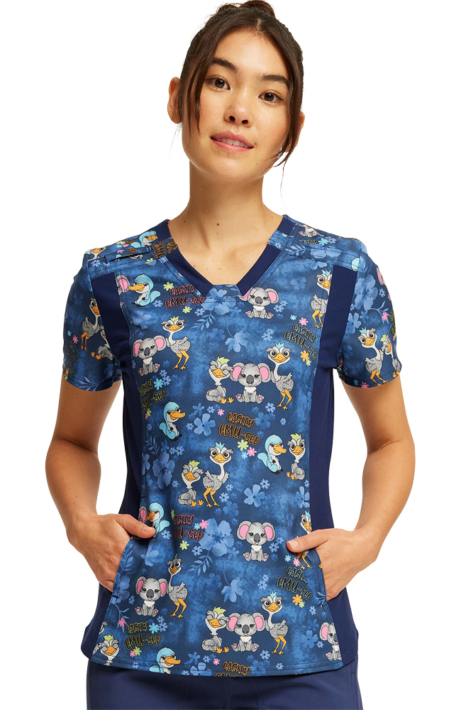 Women's V-Neck Knit Panel Easily Emu-sed Print Scrub Top Cherokee Women's V-Neck Knit Panel Easily Emu-sed Print Scrub Top -Silverts-shop 1 ck ck641 printemu 650