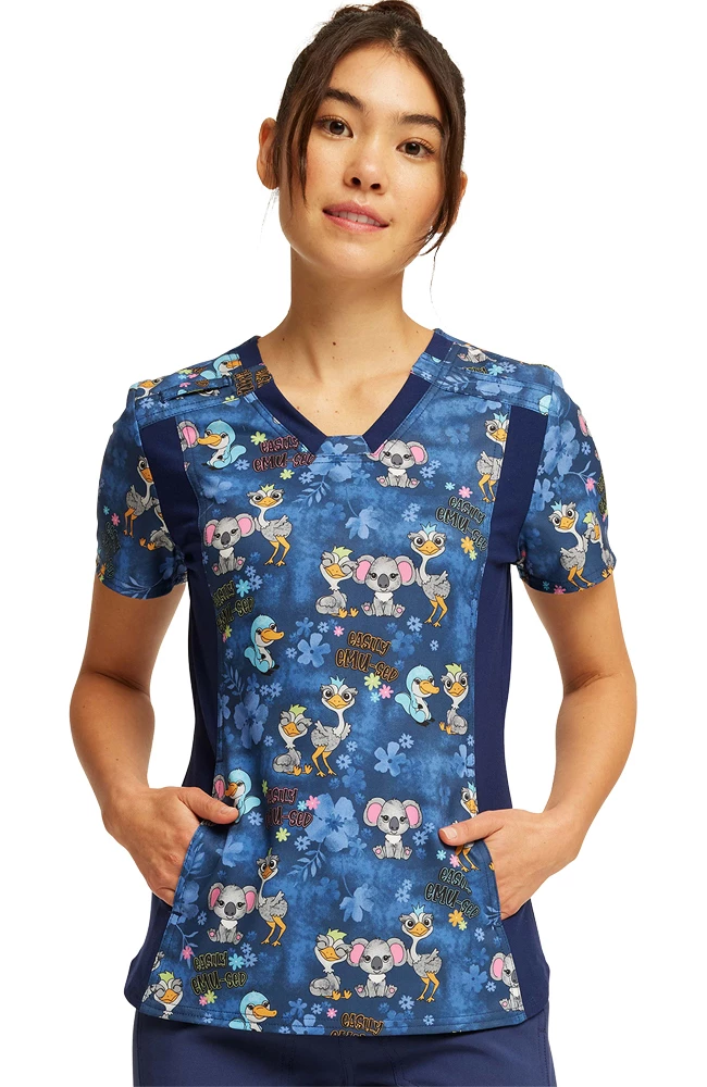 Cherokee Women's V-Neck Knit Panel Easily Emu-sed Print Scrub Top