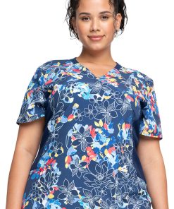 Cherokee Clearance Women's Mock Wrap Fleur Frenzy Print Scrub Top