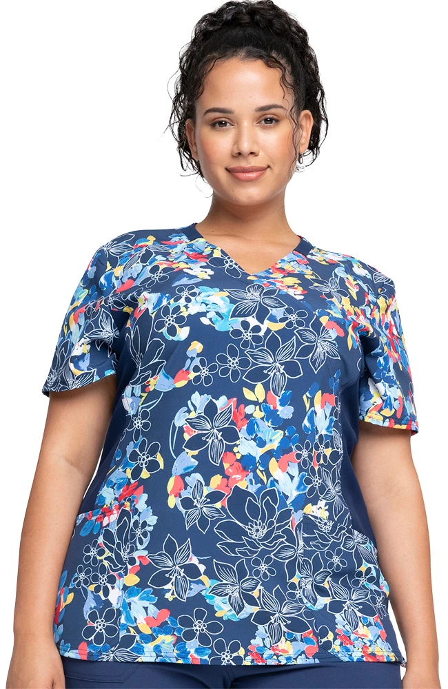 Cherokee Clearance Women's Mock Wrap Fleur Frenzy Print Scrub Top