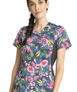 Cherokee Clearance Women's Mock Wrap Watercolor Petals Print Scrub Top