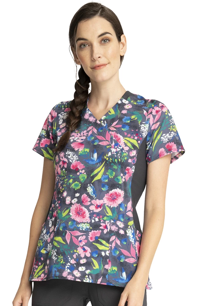 Cherokee Clearance Women's Mock Wrap Watercolor Petals Print Scrub Top