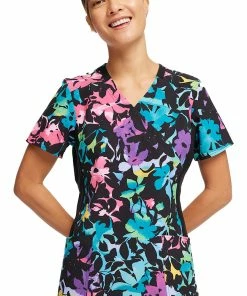Cherokee Women's Mock Wrap Rainbow Fleurs Print Scrub Top