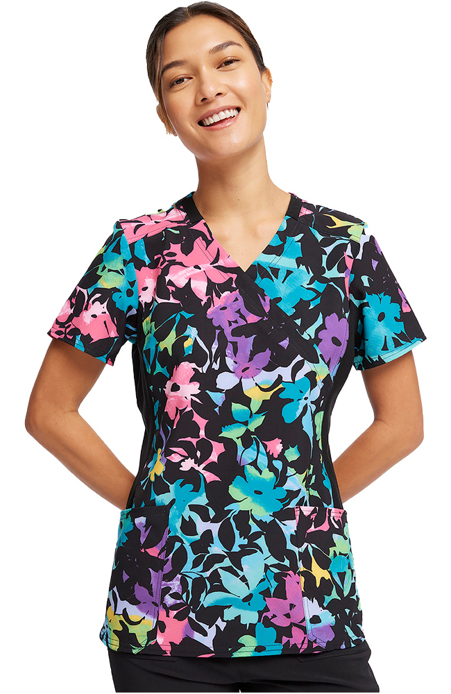 Women's Mock Wrap Rainbow Fleurs Print Scrub Top Cherokee Women's Mock Wrap Rainbow Fleurs Print Scrub Top -Silverts-shop 1 ck ck642 printrbf 650