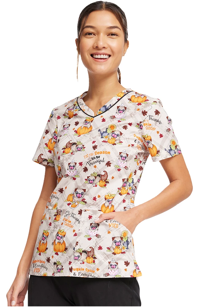 Cherokee Women's Pugkin Spice Season Print Scrub Top