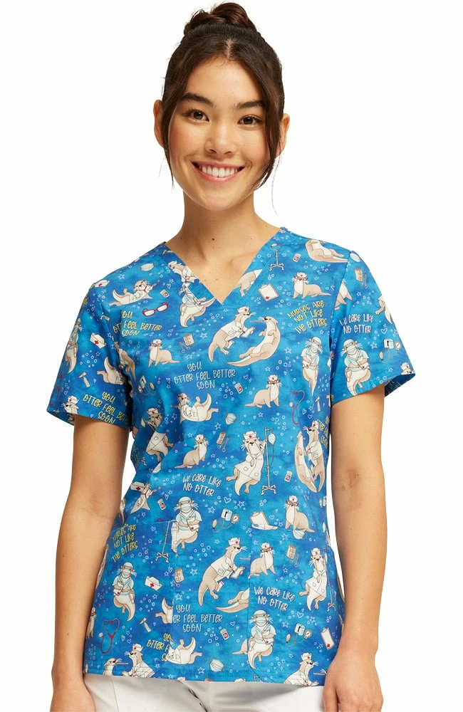 Cherokee Women's Care Like No Otter Print Scrub Top