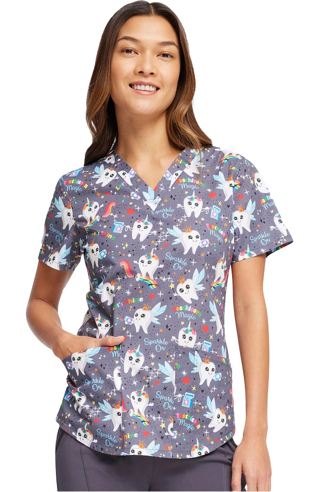 Cherokee Women's Toothicorn Magic Print Scrub Top
