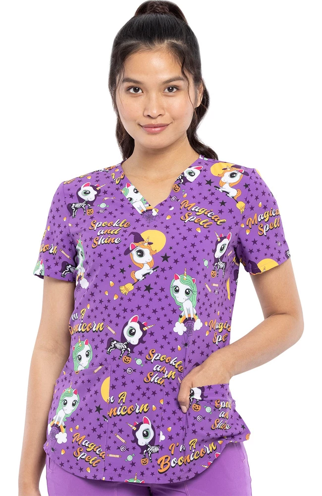 Cherokee Clearance Women's Boo-Nicorn Magic Print Scrub Top