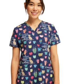 Cherokee Women's Coffee And My Dog Print Scrub Top