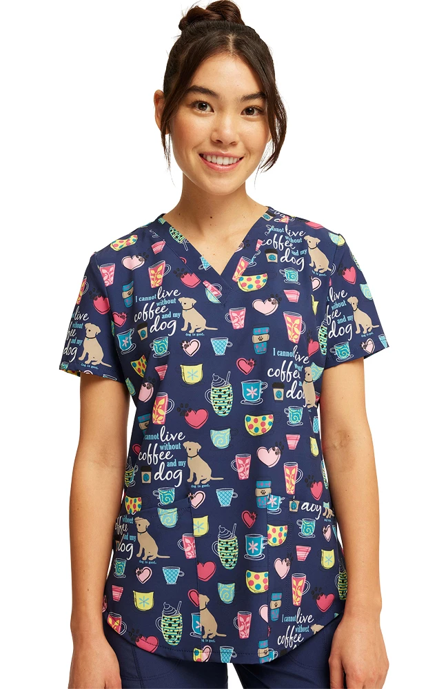 Cherokee Women's Coffee And My Dog Print Scrub Top
