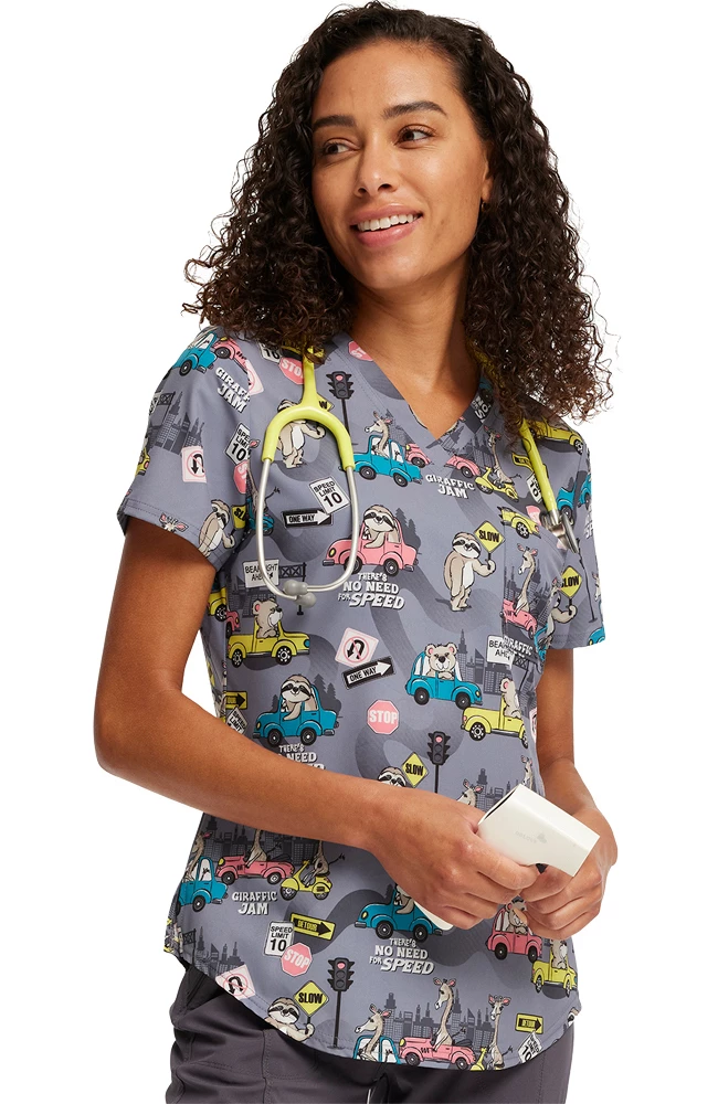 Cherokee Women's Tuckable Giraffic Jam Print Scrub Top