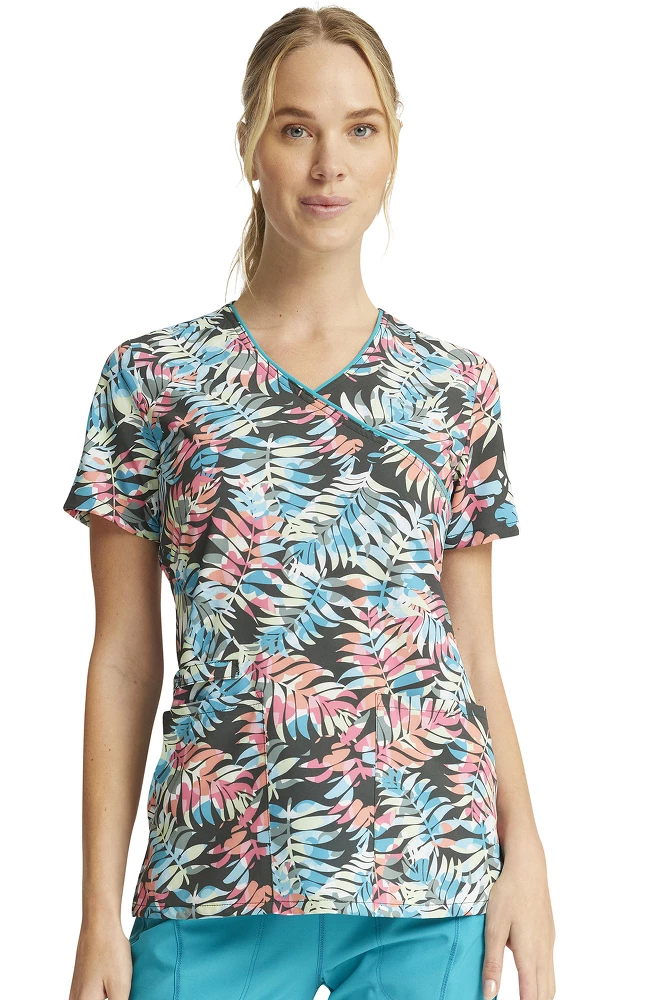 Cherokee Clearance Women's Mock Wrap Loving Tropic Print Scrub Top