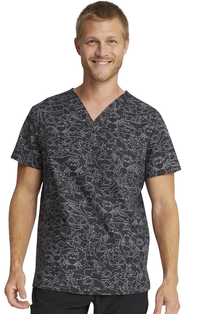 Cherokee Clearance Men's Sea Sketch Print Scrub Top
