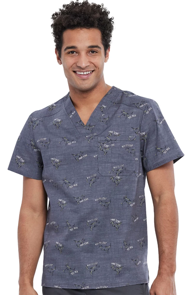 Cherokee Clearance Men's Rawrsome Print Scrub Top