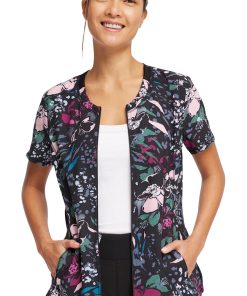 Cherokee Women's Zip-Front Wild Fleur You Print Scrub Top