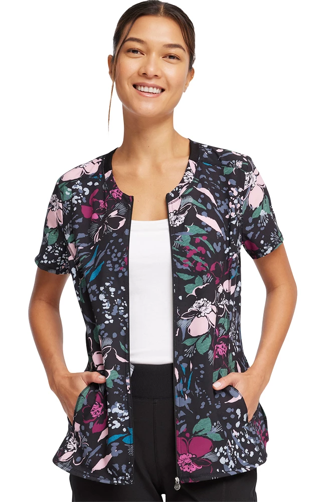 Cherokee Women's Zip-Front Wild Fleur You Print Scrub Top