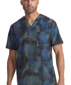 Cherokee Men's V-Neck Gradient Grid Print Scrub Top