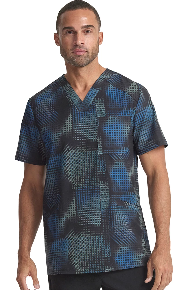 Cherokee Men's V-Neck Gradient Grid Print Scrub Top
